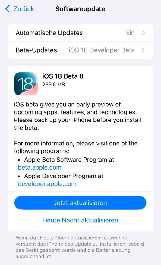 芗城苹果手机维修分享苹果 iOS / iPadOS 18 开发者预览版 Beta 8 发布 